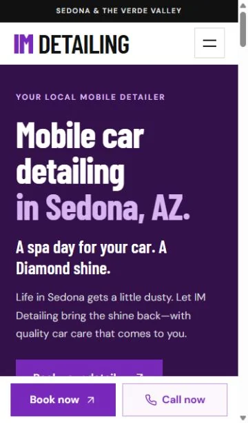 Redesigned IM Detailing mobile homepage showing its Sedona mobile car detailing introduction and contact buttons